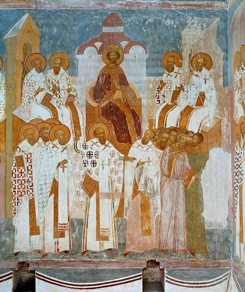 Anatemizzazione di Nestorio al terzo Concilio Ecumenico, affresco di Dionisij. 